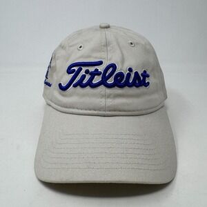 New Era Titleist Logo Golf Hat Strapback Adjustable Cap Tan and Blue Embroidered
